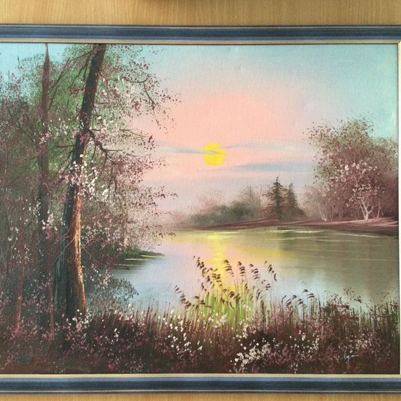 Original landscape painting on canvas lake side signed professionally framed - Picture 1 of 12